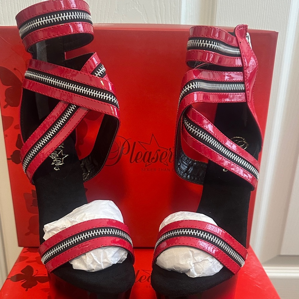 Pleaser Red and Black Strappy Heels